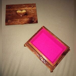 Boho wooden hand carved jewelry box with pink felted interior.